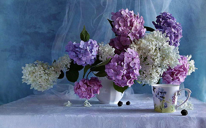 Nature morte, graphie, vase, couleurs, belle, romance, tasse, beauté, violet, fleurs violettes, joli, pétales, nature, fleurs, romantique, charmant Fond d'écran HD