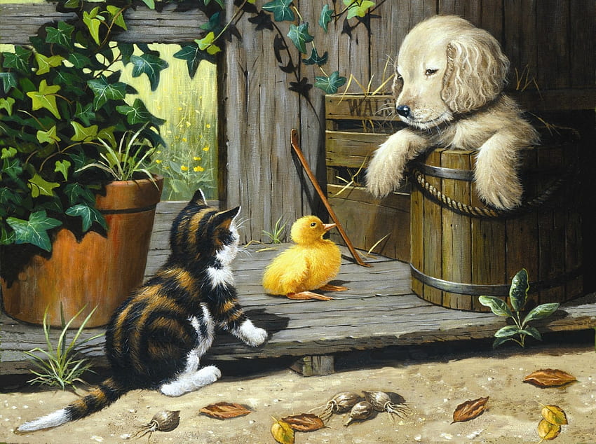 新しい友達、犬、子猫、アート、ケビン・ウォルシュ、かわいい、猫、pisica、子犬、絵画、、アヒルの子 高画質の壁紙