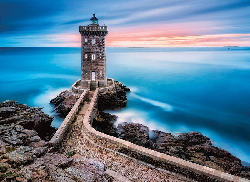 Lighthouse, sea, clouds, wall, sky, water, sunset HD wallpaper