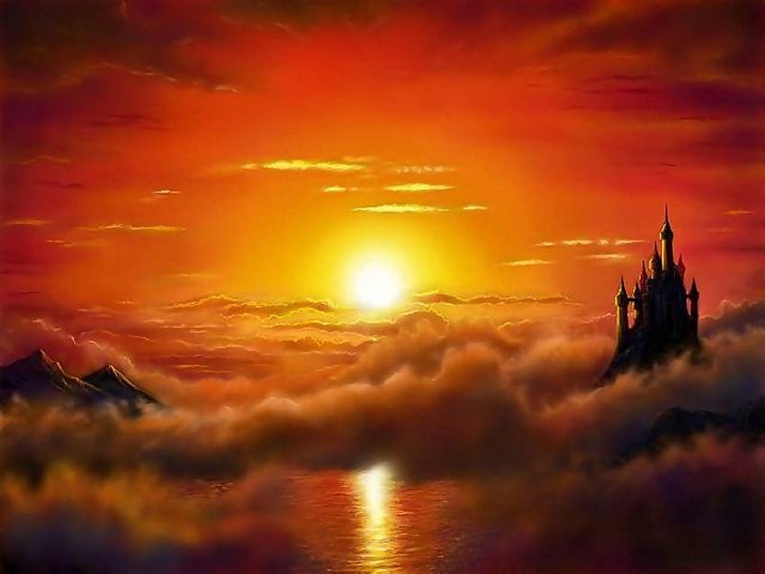 Zamek na niebie, niebo, niebo, zamek, pomarańcza, słońce, zachód słońca Tapeta HD