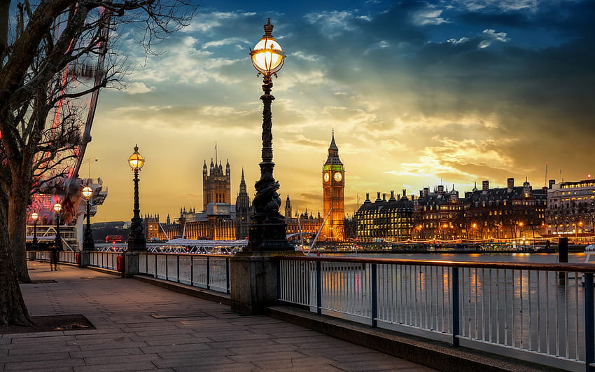 Big Ben, London, malam, matahari terbenam, Sungai Thames, lanskap kota London, Inggris, Landmark London Wallpaper HD