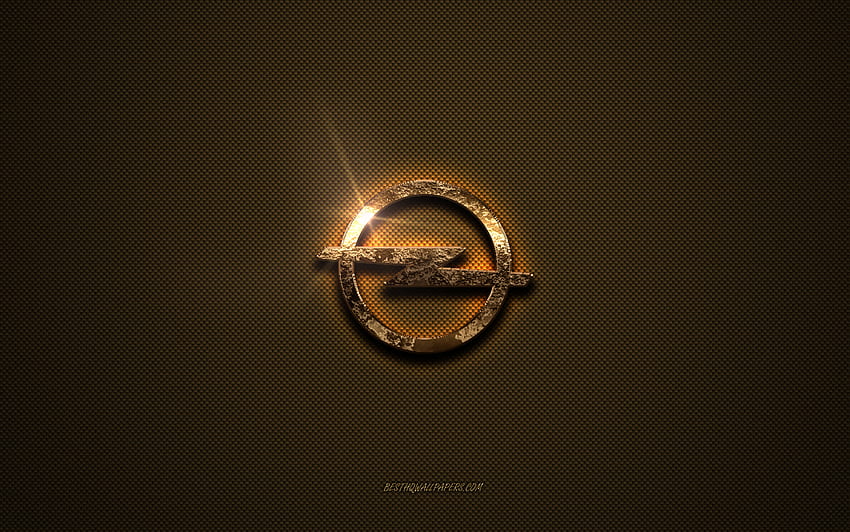 Златно лого на Opel, произведение на изкуството, кафяв метален фон, емблема на Opel, лого на Opel, марки, Opel HD тапет