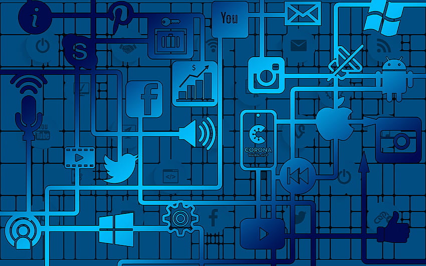social media concepts, blue social media background, social media icons, background with social media logos, blue technology background HD wallpaper