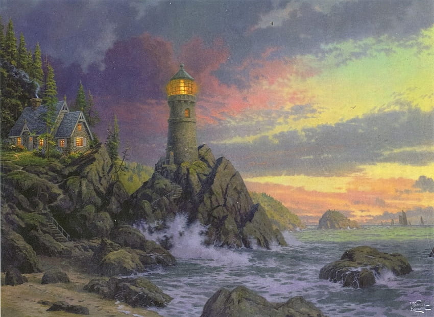 Rock of salvation, sea, lighthouse, art, thomas kinkade, painting, pictura, water, sunset HD wallpaper