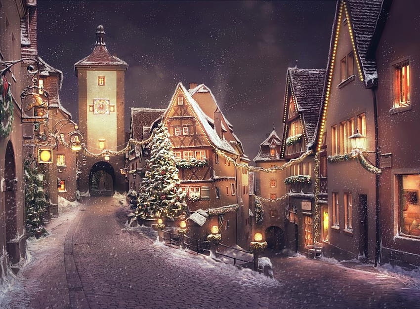 村のクリスマス ツリー、冬、ライト、クリスマス、町、雪、木、村 高画質の壁紙