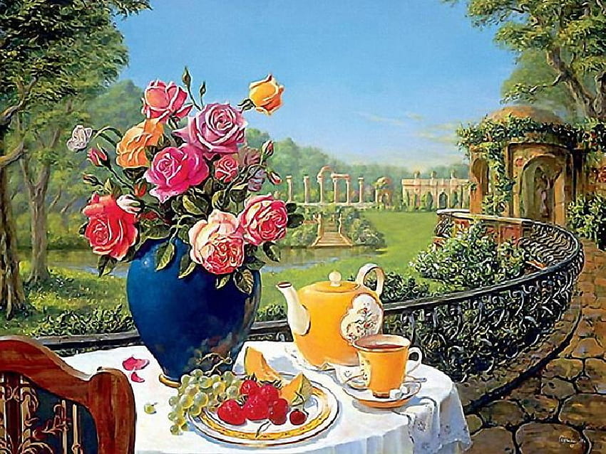 Breakfast is Served, chair, table, dome, iron rail, tea, table cloth, vase, tea server, fruits, cup, floral arrangement, plate, vines, trees, saucer, pond HD wallpaper