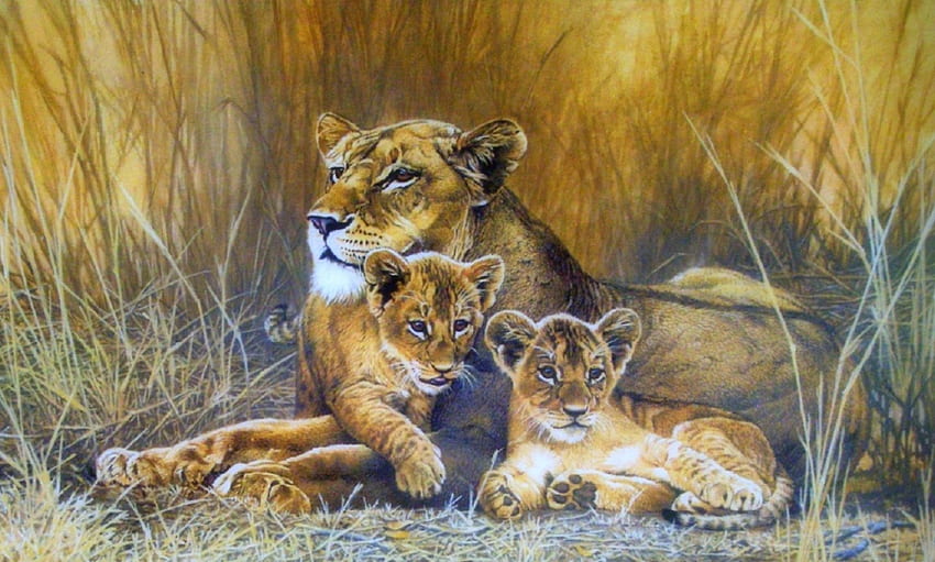 Singa betina dan anaknya, cinta empat musim, satwa liar, keluarga, hewan, meng dan melukis, lukisan, anaknya, singa Wallpaper HD