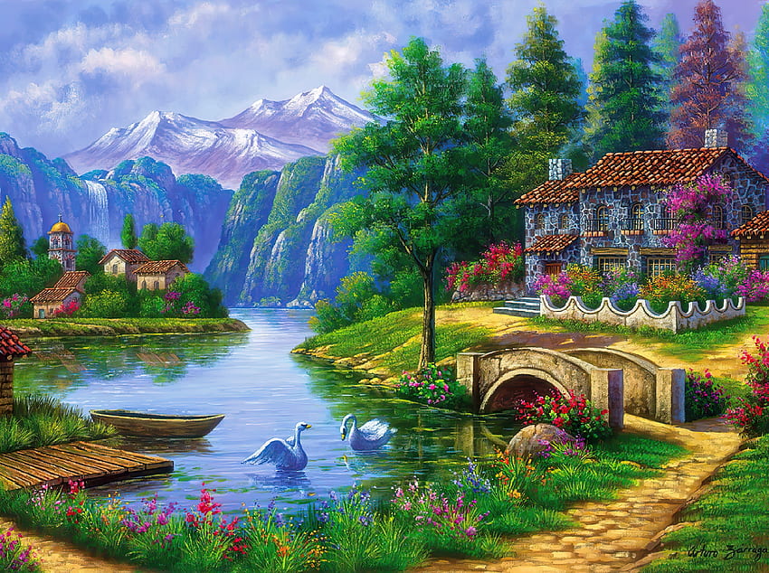 Swan lake, river, art, house, peaceful, serenity, mountain, lake, summer, swans, painting, bridge, cottage, countryside HD wallpaper