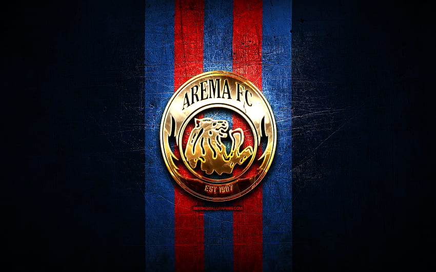 Arema FC, altın logo, Endonezya 1 Liga, mavi metal arka plan, futbol, ​​Endonezya Futbol Kulübü, Arema FC logo, FC Arema HD duvar kağıdı