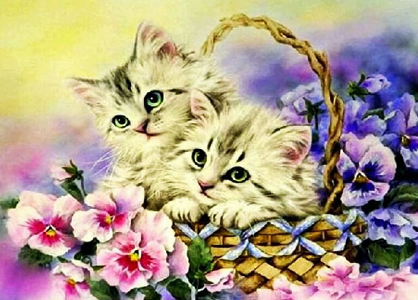 Kittens in a basket, cats, flowers, painting, blossoms HD wallpaper