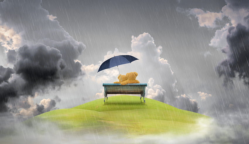 Regen, Liebe, Teddybär, Bank HD-Hintergrundbild