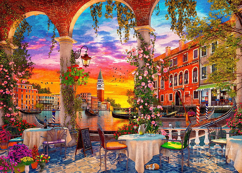 Venice Restaurant, canal, tables, roses, houses, artwork, chairs, digital, boats, sky, flowers, arcades HD wallpaper
