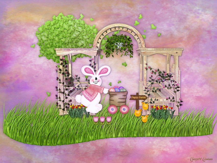 Happy Easter Bunny, white, cute, grass, bunny, purple, pink, pretty, green, yellow, clouds, easter eggs, happy, sky, easter, pastels, rabbit HD wallpaper