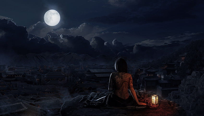 village, Moon, Night, Oriental, Skull / and Mobile & HD wallpaper