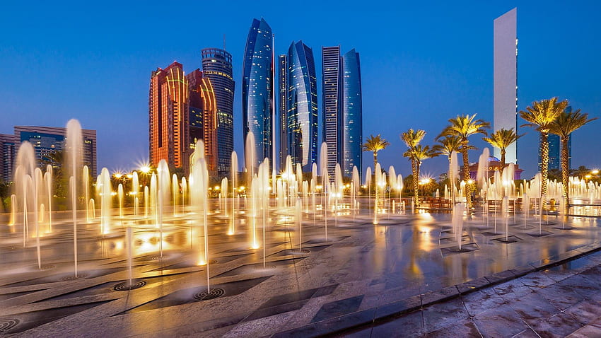 Abu Dhabi, UAE, city, skyscrapers, fountain, night 750x1334 iPhone 8/7/6/6S  wallpaper, background, picture, image