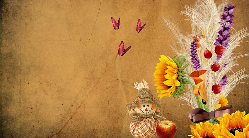 Falls Bouquet for You, pergamino, girasol, mariposas, muñeca, marrón, bronceado, otoño, espantapájaros, lazo, semillas, cinta, otoño, papillon, hierba, papel, trigo, manzana fondo de pantalla