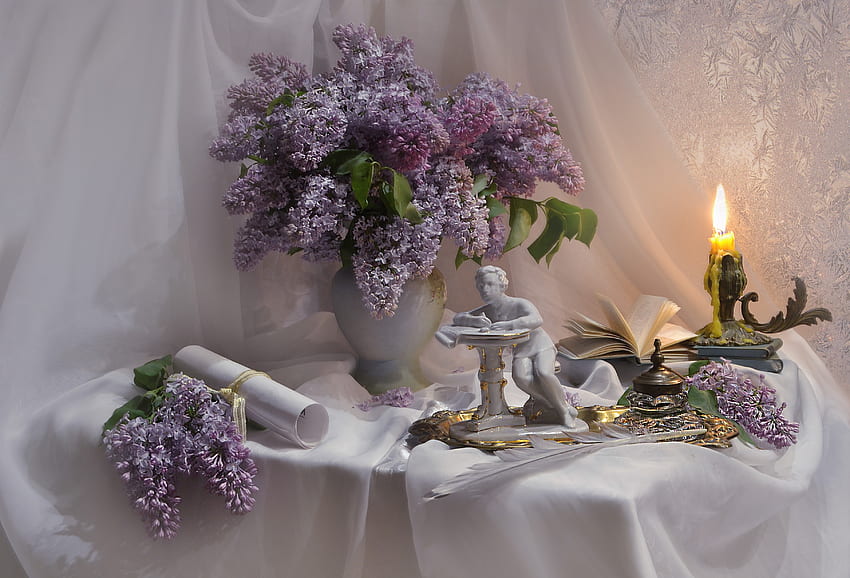 Still life, Lilac, Candles, Book, Candle, Penc, Pren HD wallpaper