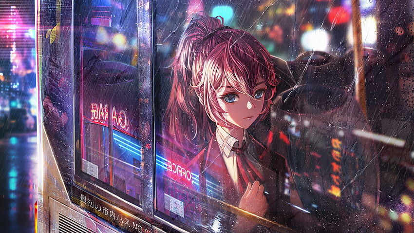 Anime Girl Bus Window Neon City papel de parede HD