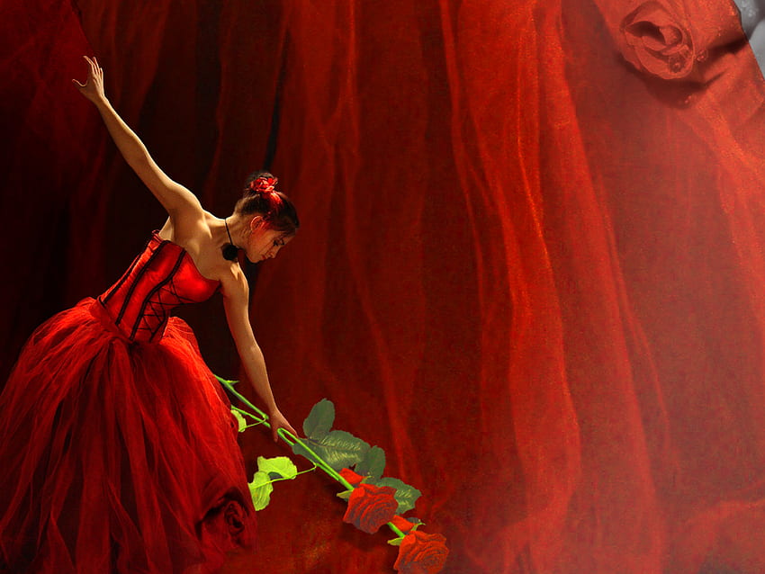 Les roses, abstract, roses, dance, red, woman HD wallpaper