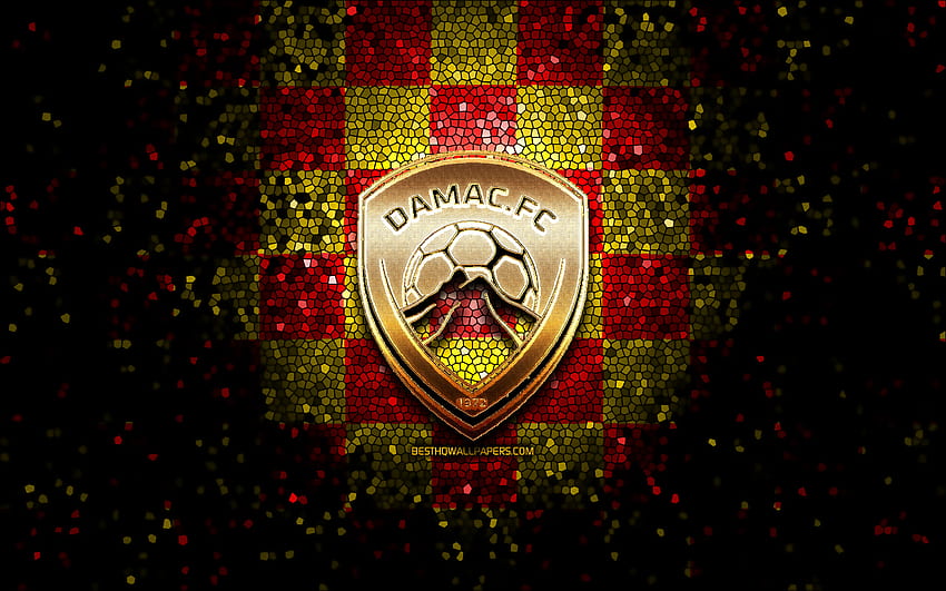 Damac FC, glitter logo, Saudi Professional League, red yellow checkered background, soccer, saudi football club, Damac FC logo, mosaic art, football, FC Damac HD wallpaper