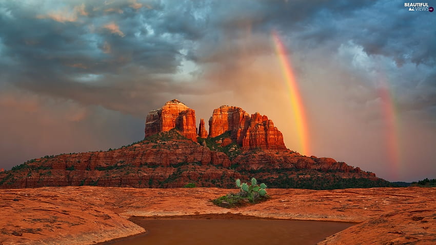 セドナの虹、アリゾナ、雲、砂漠、空、サボテン、峡谷 高画質の壁紙