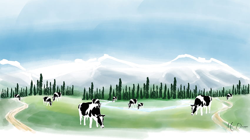 Mucche contente, campo, alberi, fattoria, cielo, bestiame, pascolo, montagne, mucche, nuvole, contente Sfondo HD