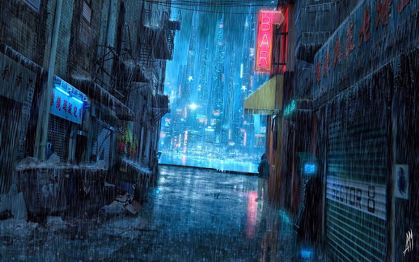 arte digital, calle, Paisaje urbano, noche, reflexión, lluvia, azul, hielo, Ciudad futurista, infraestructura, ligero, color, callejón, oscuridad, instantánea, captura de , área urbana, computadora fondo de pantalla