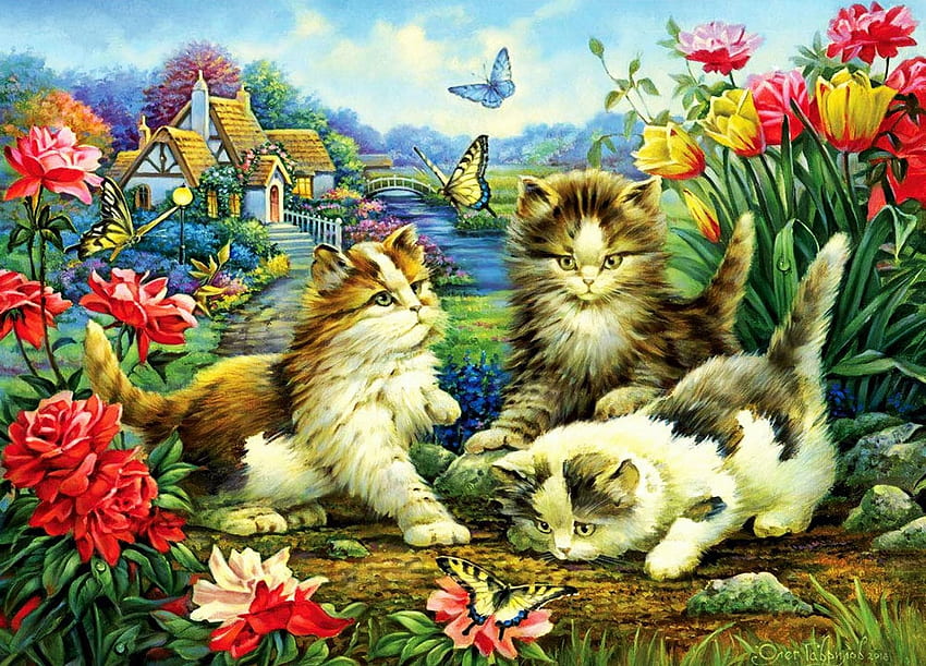 Sunny Day, blossoms, butterflies, kitten, painting, colors, flowers, cottage HD wallpaper