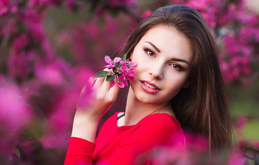 girl, flowers, beauty, spring, garden, woman, young HD wallpaper