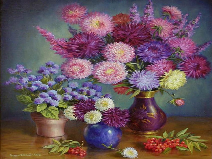 Für Juliannaa, Tisch, Blätter, Vasen, Blumen, Zweige, Beeren, Arrangements HD-Hintergrundbild