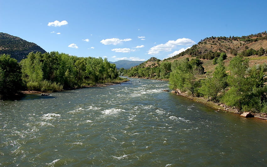 Durango River, Colorado, 푸른, 강, 흐르는, 일광, 일, 빠른, 녹색, 구름, 나무, 자연, 하늘, 물, 숲 HD 월페이퍼