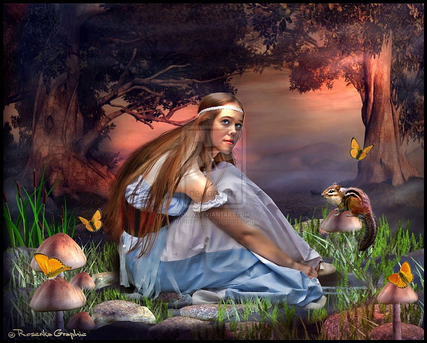 ~Princess in Forest~, emotional, plants, cute, colors, digital art, mushroom, dress, butterflies, animals, bright, trees, lips, female, eyes, gorgeous, forests, beautiful, grass, people, leaves, fantasy, pretty, manipulation, cool, face, models, girls, women, princess, lovely, hair, squirrel HD wallpaper