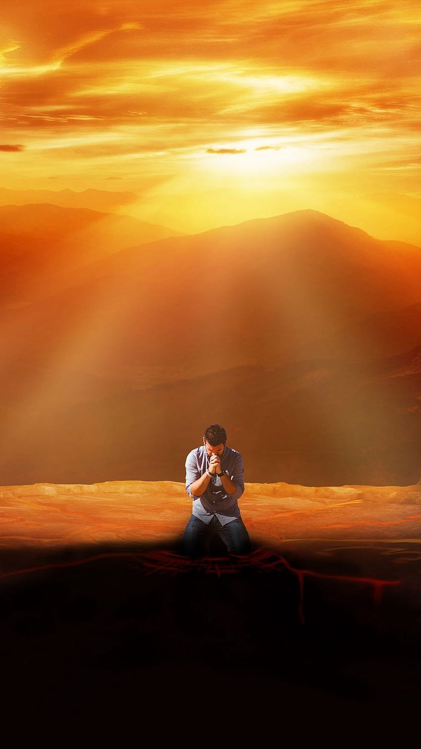 Człowiek, modlitwa, wiara, zachód słońca Iphone 8 7 6s 6 na tle paralaksy, mężczyzna modlący się Tapeta na telefon HD
