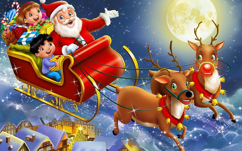Santa Claus coming to town riding his reindeer sleigh flying HD wallpaper