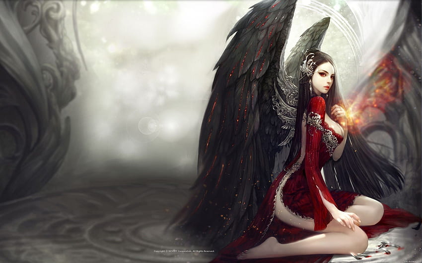 Aion Online, Fallen Angel, Dark Wings, Red Dress, Red Eyes за MacBook Pro 15 инча HD тапет
