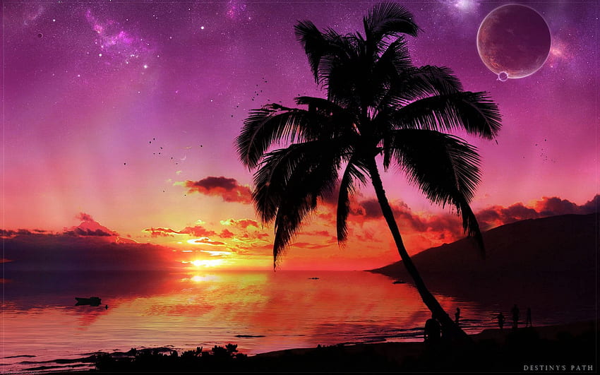 Fantasy, Sunset, Sky, Sea, Stars, Wood, Tree, Palm, Evening, Planet HD wallpaper