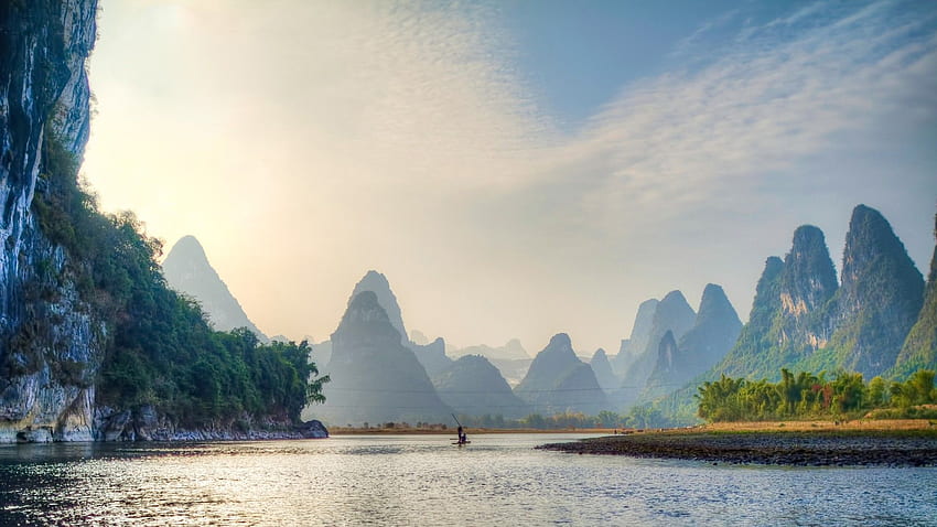 River: Fabulous Chinese Landscape River Fog Mountains Trees Boat HD wallpaper