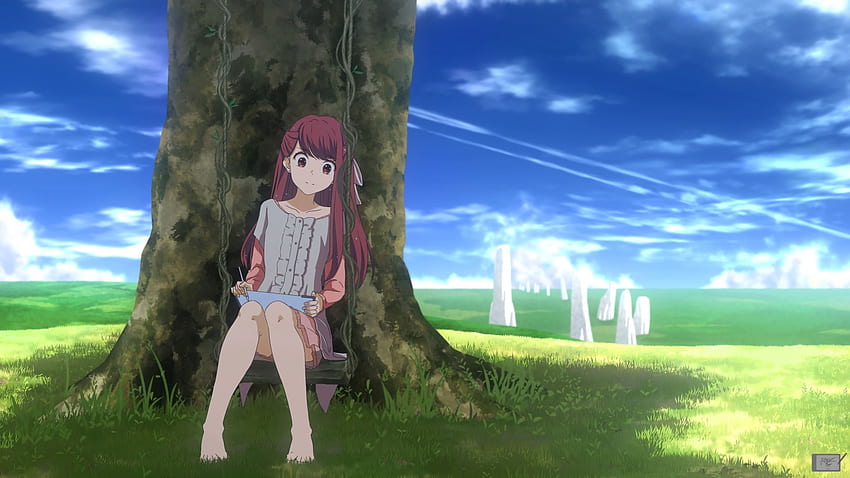 barefoot clouds grass red eyes red hair rin (shelter) satyarizqy shelter signed sky tree Anime HD wallpaper