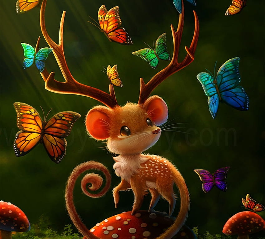Deermouse, green, deer, red, orange, creature, horns, butterfly, mouse, fantasy, piper thibodeau HD wallpaper