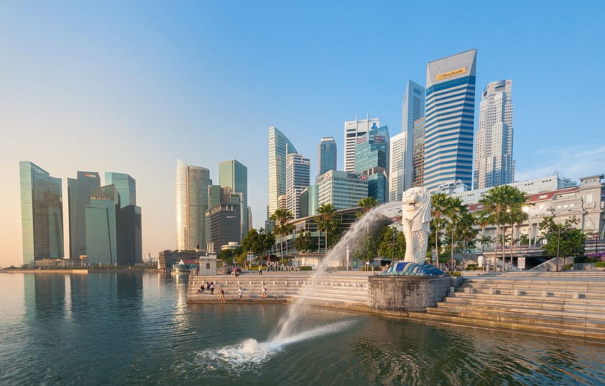 building, ladder, Bay, Singapore, fountain, promenade, skyscrapers, Singapore, Marina Bay, Merlion Fountain for , section город, Merlion Singapore HD wallpaper