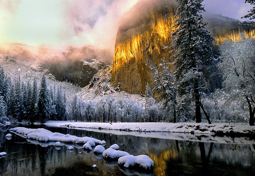 Nature, Snow, Gold, Rock, Lake, Shore, Bank, Shine, Light HD wallpaper
