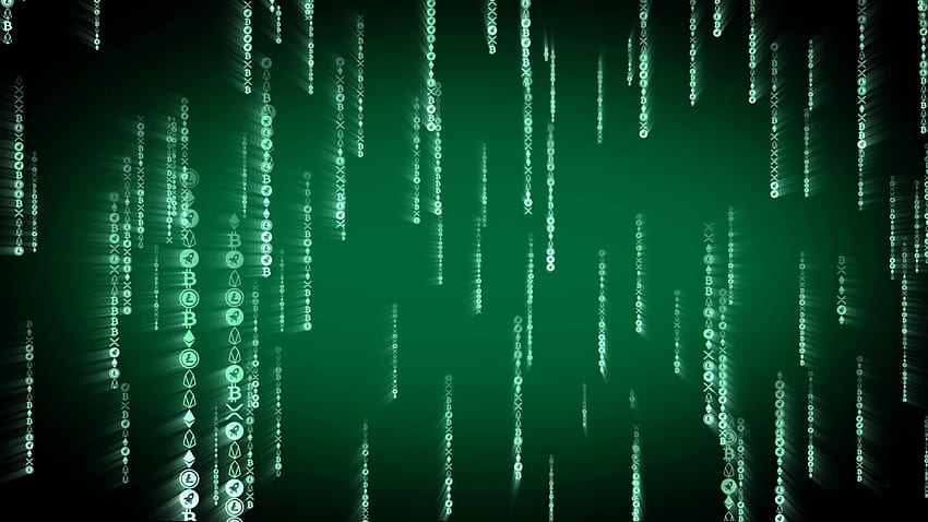 Koin crypto hijau digital jatuh dalam gaya Matrix. Animasi 3D mulus futuristik dengan bitcoin, ethereum, ripple, stellar, litecoin, EOS. Lingkaran konsep blockchain Cryptocurrency. Latar Belakang Gerakan matte alfa - Blok cerita Wallpaper HD