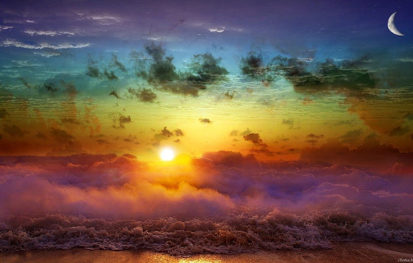 海、夕日、天と地の間、セクション ジャンク 高画質の壁紙