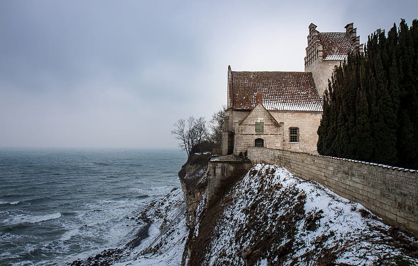 sea, ocean, seascape, winter, snow, fog, mist, Denmark, cloudy, on the edge, cliff, Højerup Church for , section пейзажи - , Denmark Winter HD wallpaper