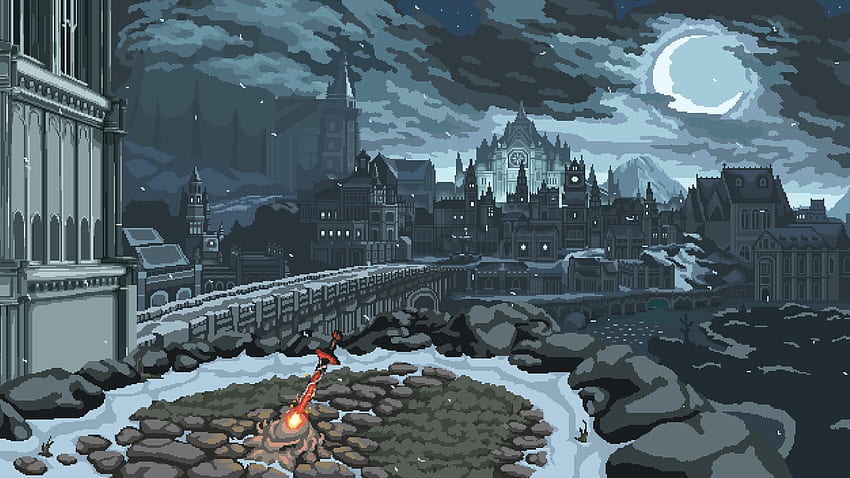 Dark Souls, Pixel Art, Moonlight, Bonfire, Stones, Castle, Crescent - ความละเอียด: วอลล์เปเปอร์ HD