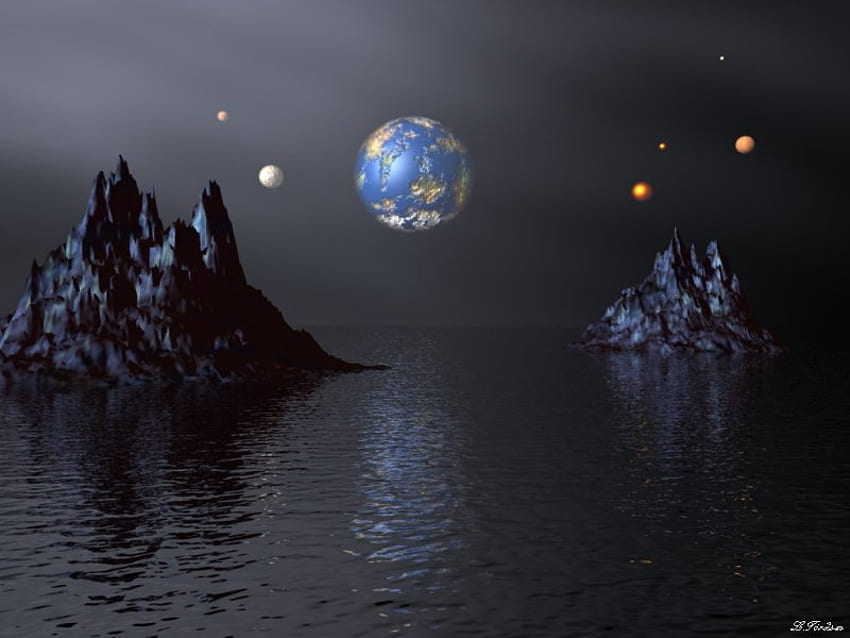 Tierra y diferentes planetas a la vista desde un planeta de agua, tierra, planetas, 3d, vista, agua, islas fondo de pantalla