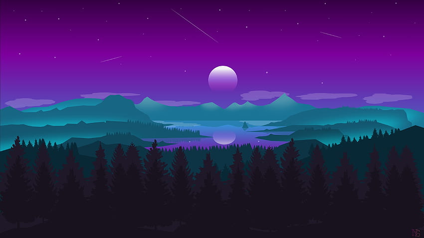 Horizonte, luna, montañas, bosque, arte digital. fondo de pantalla