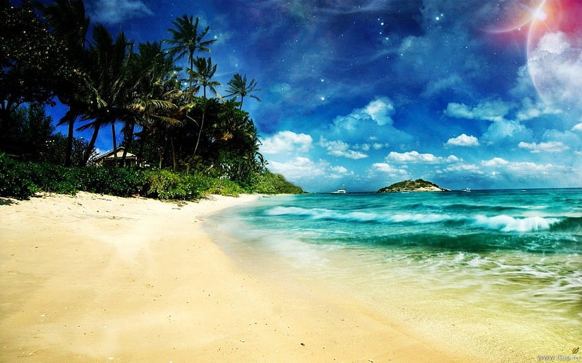 Seegelber friedlicher blauer Strand-Sand-Wasser-Insel-Ozean - kühler Strand-Hintergrund - & Hintergrund HD-Hintergrundbild