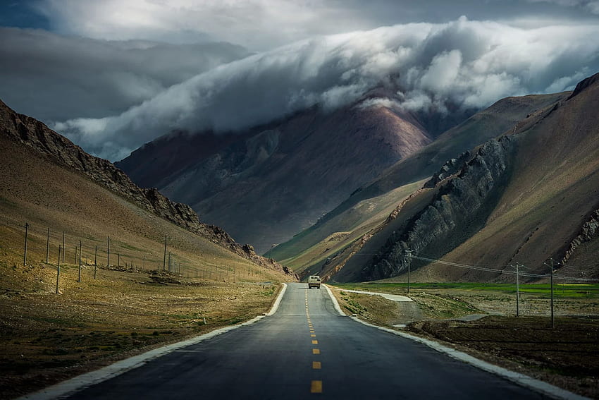 clouds, Tibet, mountains, car, road, clouds City, nature, Tibet Landscape HD wallpaper