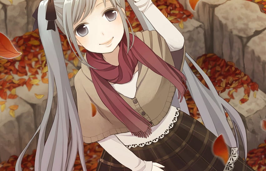 In the autumn, leaf, girl, long hair, scarf, bow, grey eyes HD wallpaper